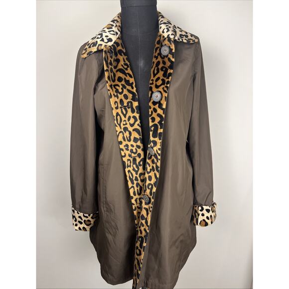Dennis Basso Rain Jacket Brown S Leopard Print Reversible Large Women’s Coat - Picture 9 of 13